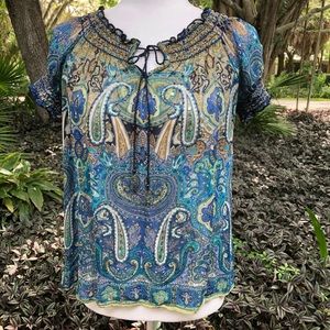 Bila Blue Sheer Peasant Top with Smocking